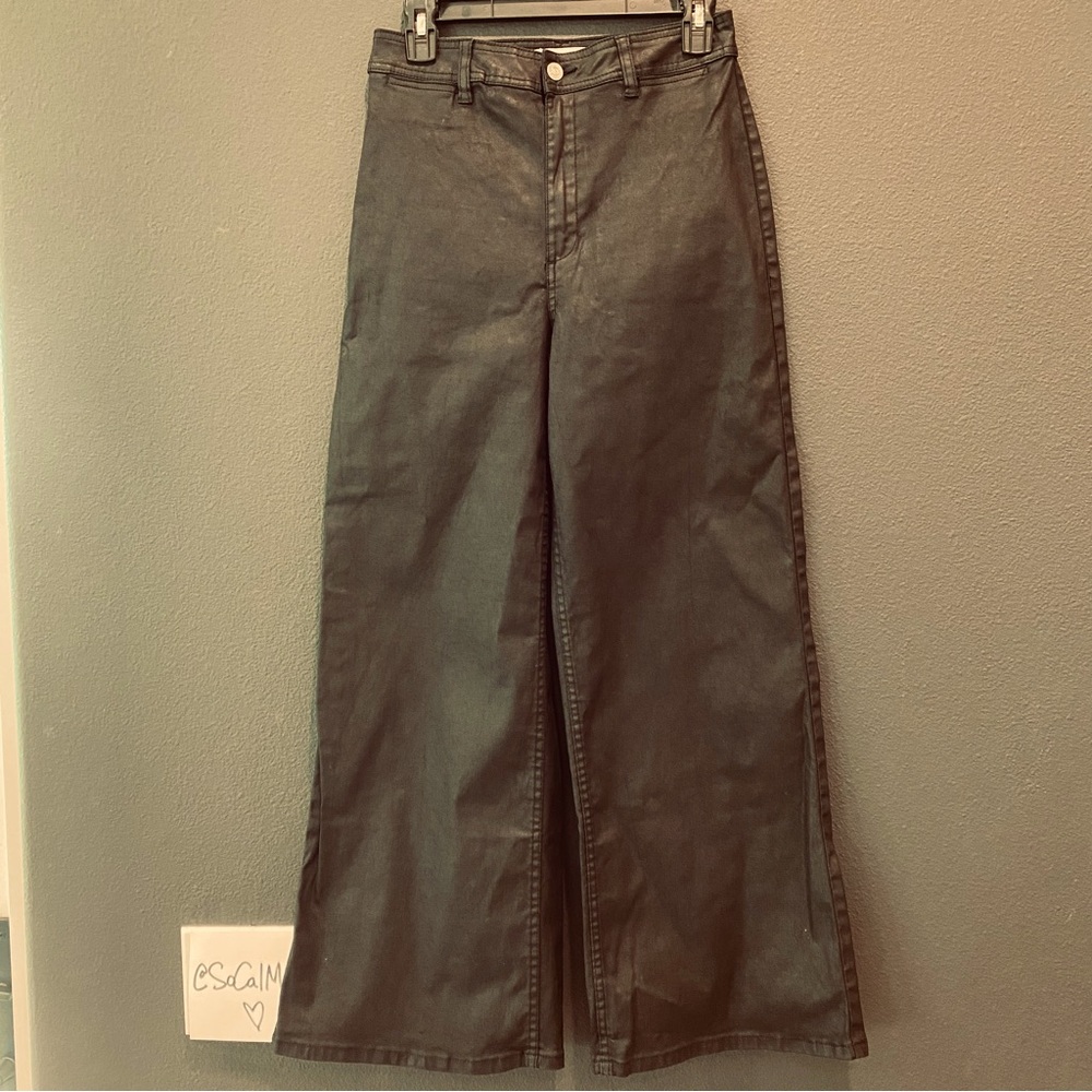 MNG denim wide leg CATHERINE jeans us6/eu38 black waxed leather look hig…
